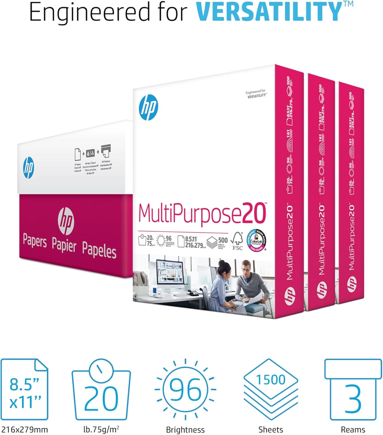 image:imageHP Papers 85 x 11 Paper MultiPurpose 20 lb 1 Pallet 80 Cartons 200000 Sheets 96 Bright Made in USA FSC Certified 115100P3 Ream 1500 Sheets