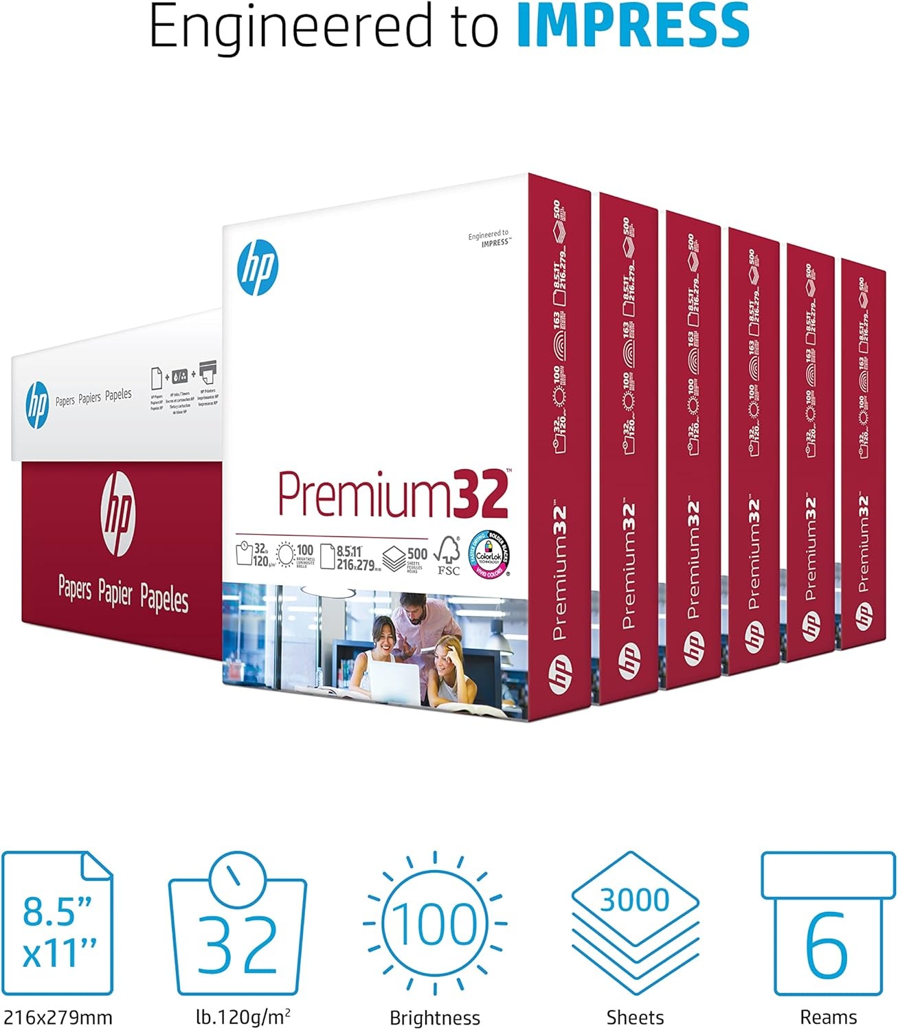 image:imageHP Printer Paper 85 x 11 Paper Premium 24 lb 1 Ream 500 Sheets 100 Bright Made in USA FSC Certified 112400R3 000 Sheets