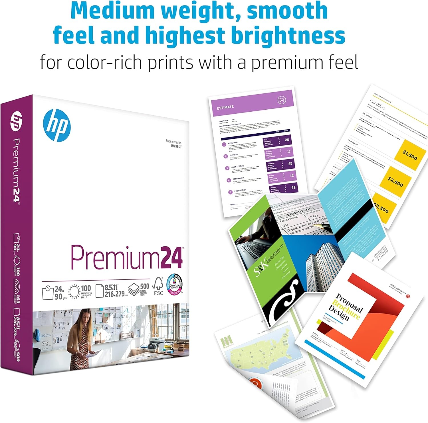 image:imageHP Printer Paper 85 x 11 Paper Premium 24 lb 1 Ream 500 Sheets 100 Bright Made in USA FSC Certified 112400R5 000 Sheets