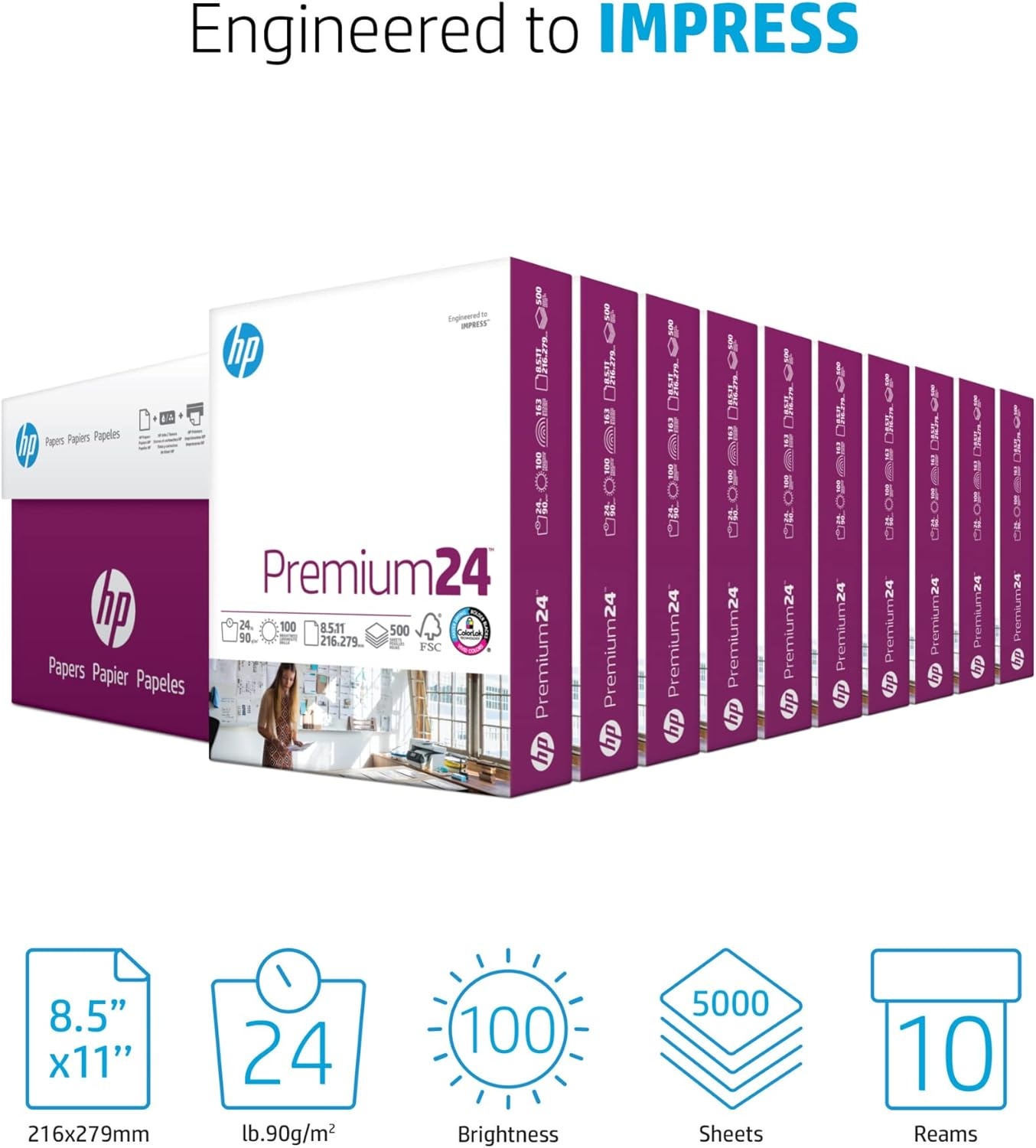image:imageHP Printer Paper 85 x 11 Paper Premium 24 lb 1 Ream 500 Sheets 100 Bright Made in USA FSC Certified 112400R5 000 Sheets