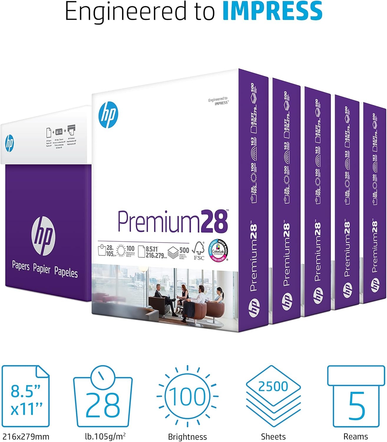 image:imageHP Printer Paper 85 x 11 Paper Premium 24 lb 1 Ream 500 Sheets 100 Bright Made in USA FSC Certified 112400R5 Ream 2500 Sheets