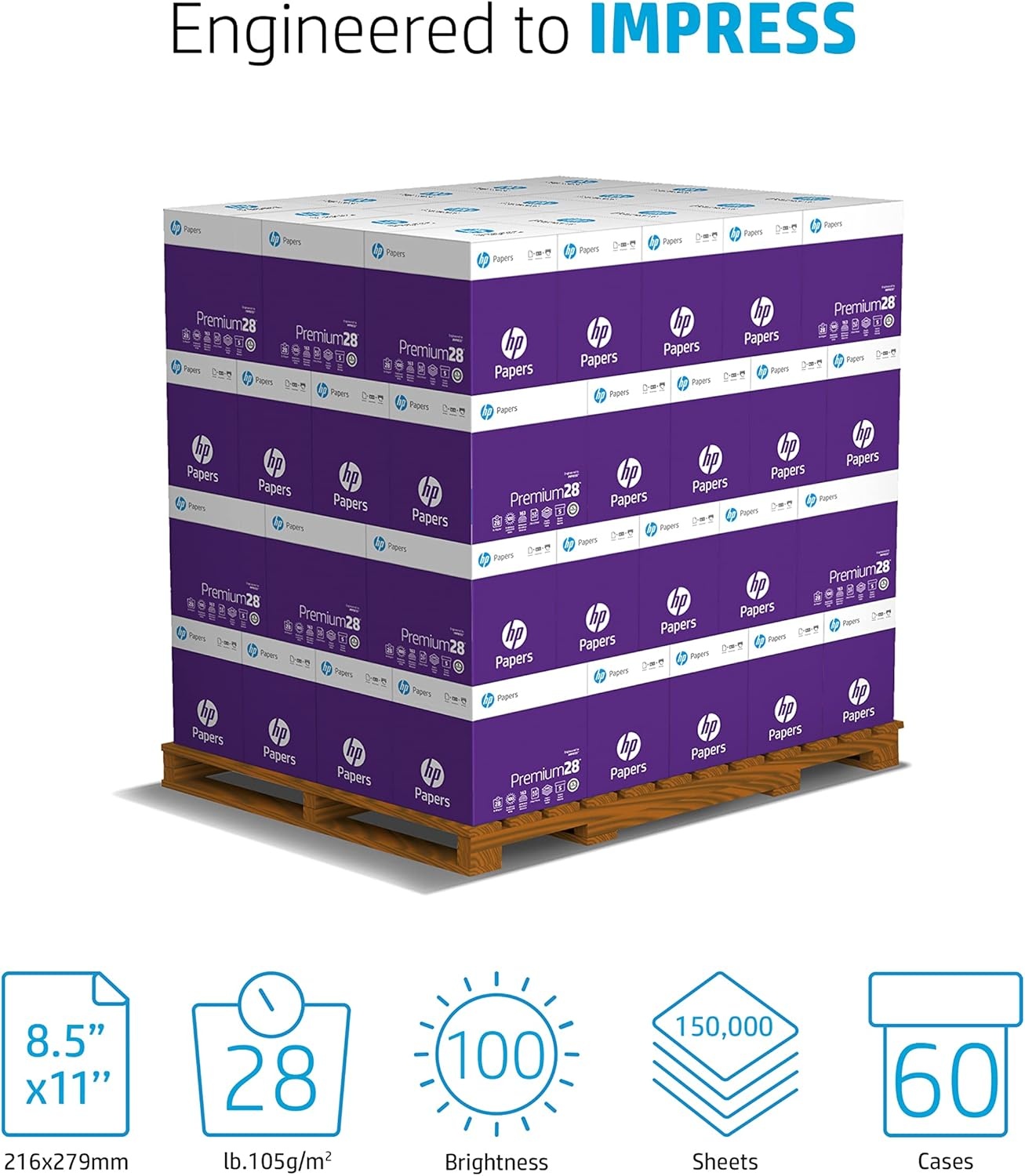 image:imageHP Printer Paper 85 x 11 Paper Premium 24 lb 1 Ream 500 Sheets 100 Bright Made in USA FSC Certified 112400R60 Case Pallet 150 000 Sheets