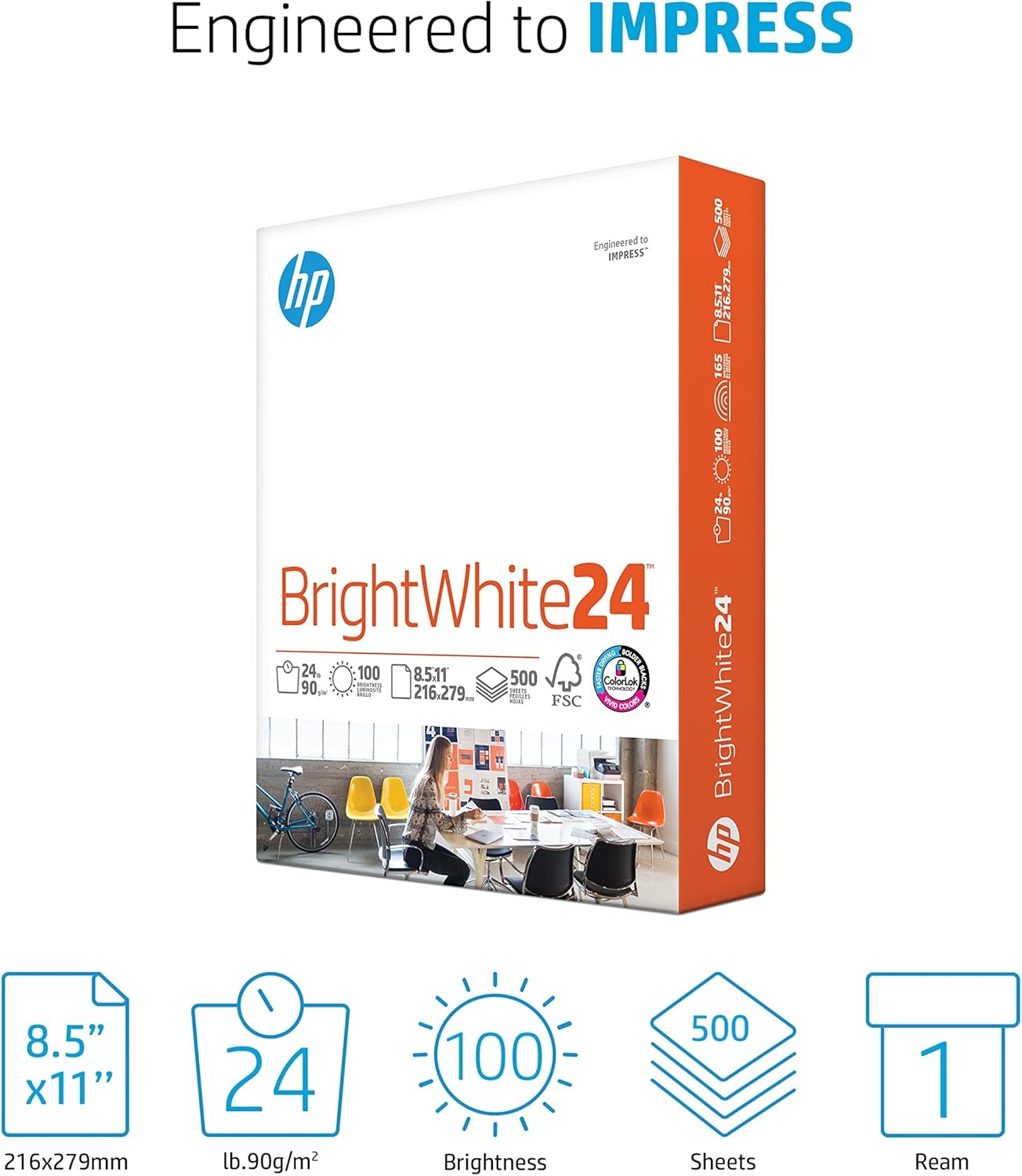 image:imageHP Papers Printer Paper 85 x 11 Paper BrightWhite 24 lb 60 Case 100 Bright Made in USA FSC Certified 203000P Pallet 160000 Sheets1 Ream 500 Sheets