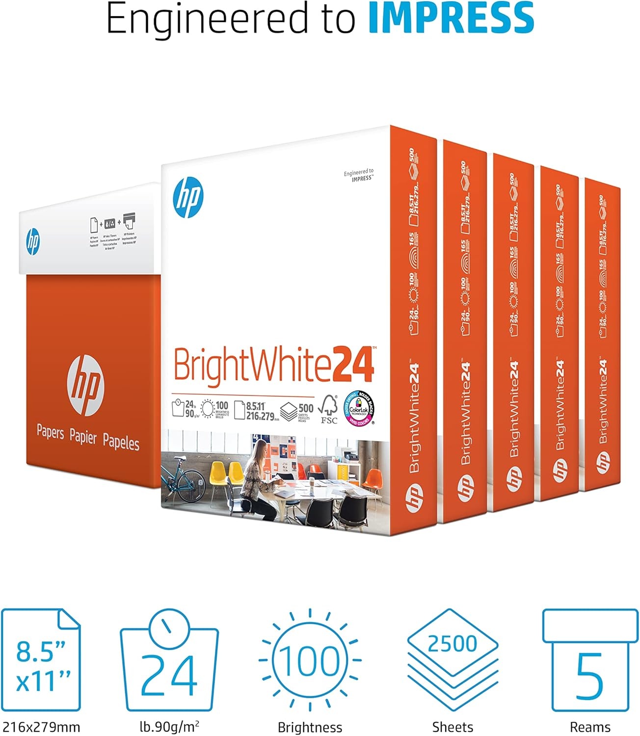 image:imageHP Papers Printer Paper 85 x 11 Paper BrightWhite 24 lb 60 Case 100 Bright Made in USA FSC Certified 203000P Pallet 160000 Sheets5 Ream 2500 Sheets