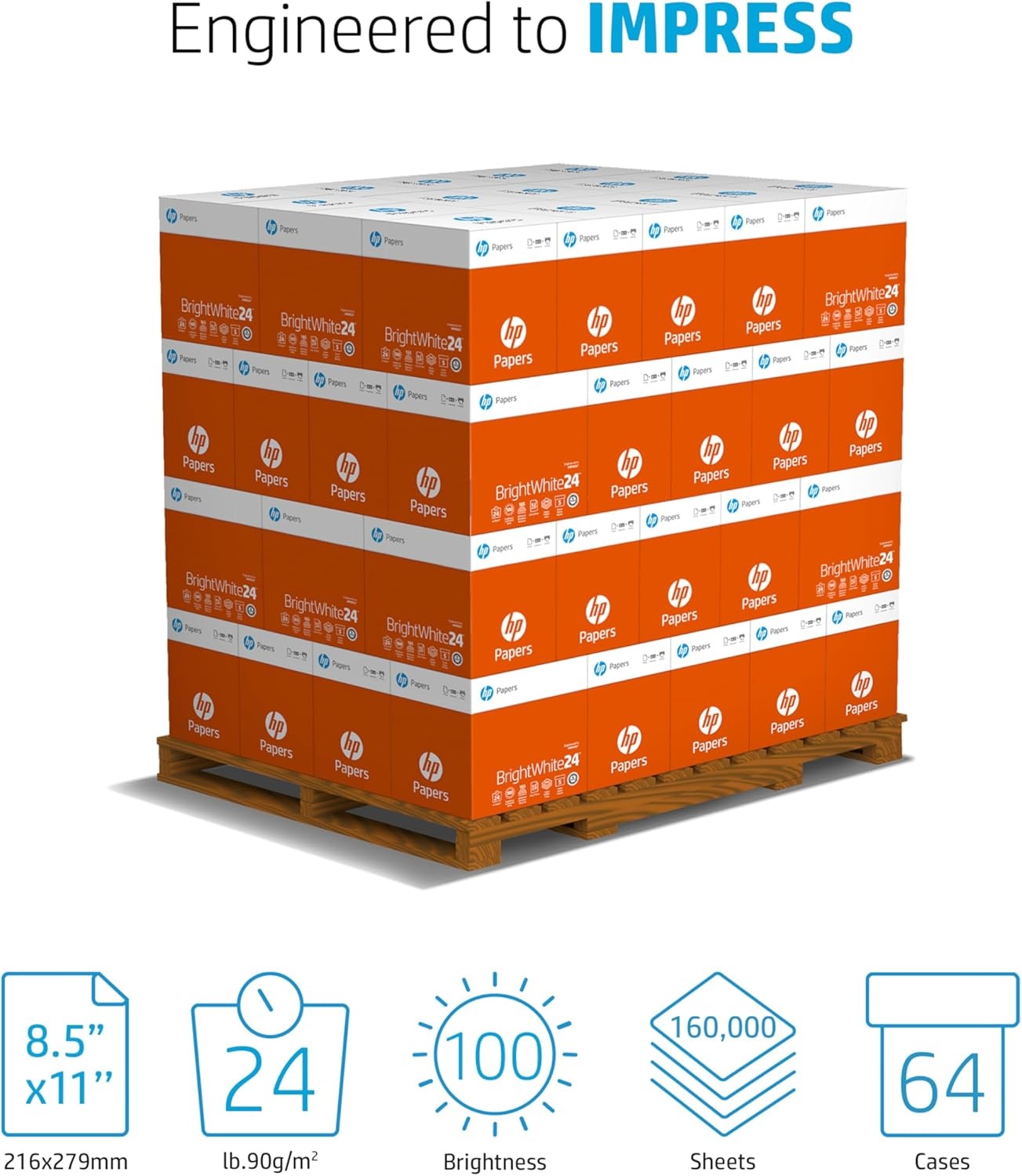 image:imageHP Papers Printer Paper 85 x 11 Paper BrightWhite 24 lb 60 Case 100 Bright Made in USA FSC Certified 203000P Pallet 160000 SheetsPallet 160000 Sheets