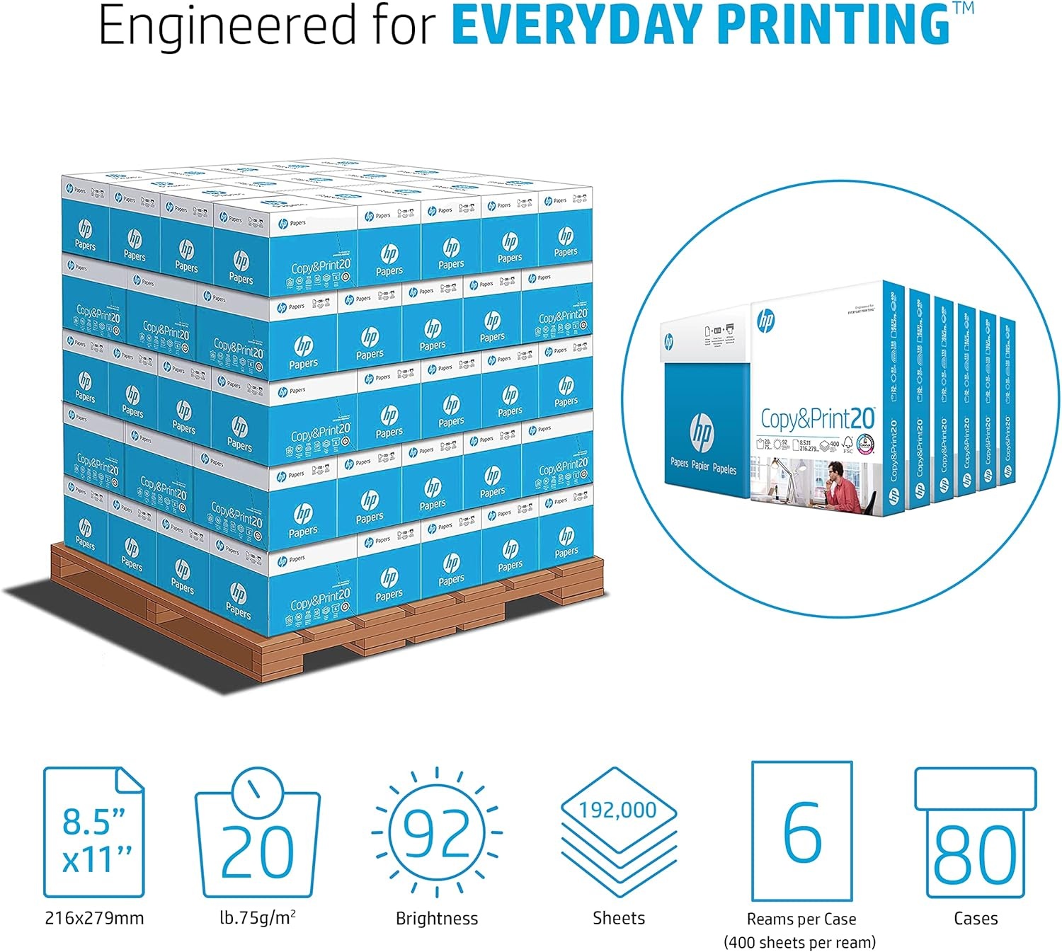 image:imageHP Papers Printer Paper 85 x 11 Paper Copy ampPrint 20 lb 80 Case Pallet 192000 Sheets 6 Pack Case 2400 Sheets FSC Certified 800350P200010PPallet 192000 Sheets 80 cases