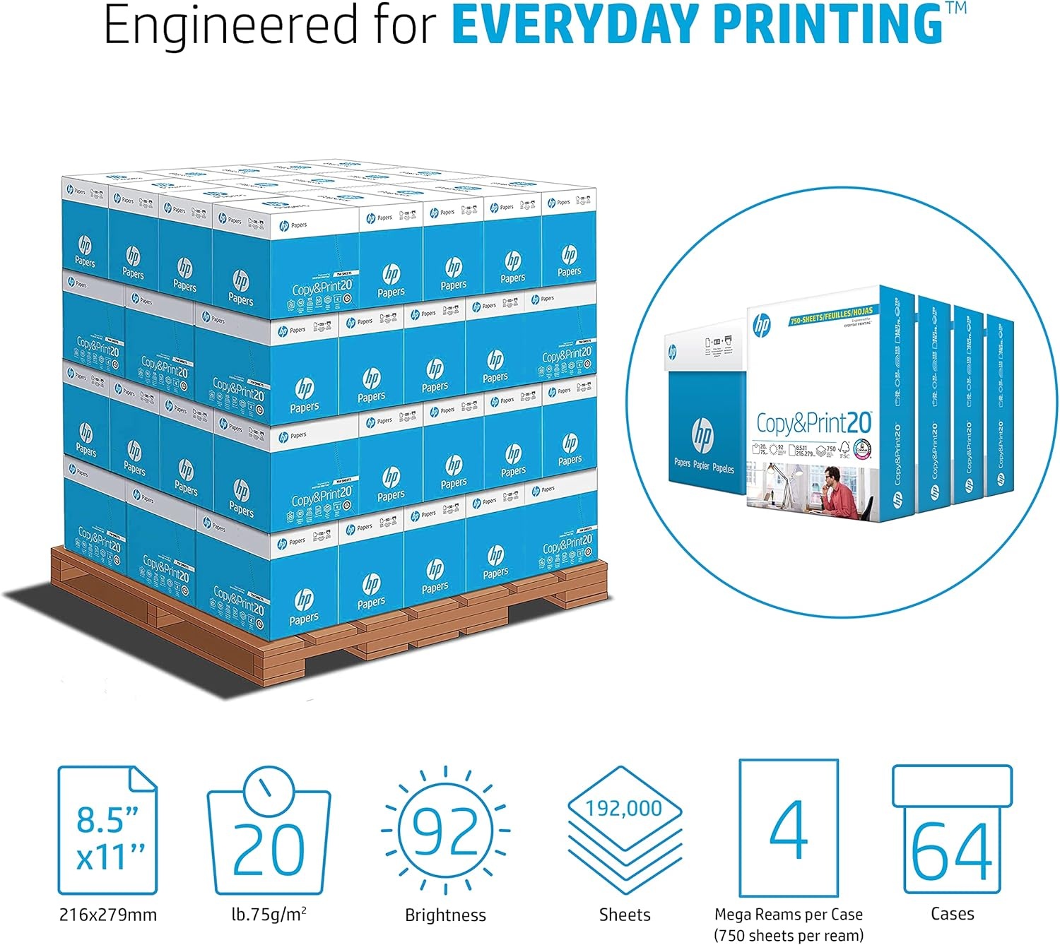 image:imageHP Papers Printer Paper 85 x 11 Paper Copy ampPrint 20 lb 80 Case Pallet 192000 Sheets 6 Pack Case 2400 Sheets FSC Certified 800350P200010PPallet 192000 Sheets 64 MegaPk cases