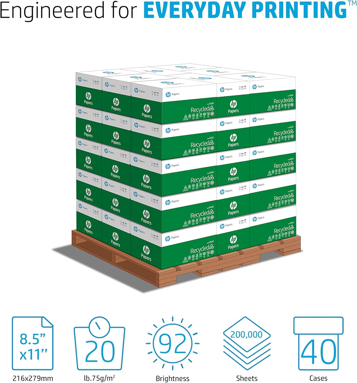 image:imageHP Printer Paper 85 x 11 Paper 30 Recycled Paper 40 Case Pallet 200000 Sheets 92 Bright Loading Dock Delivery Made in USA FSC Certified 112100PPallet 200000 Sheets