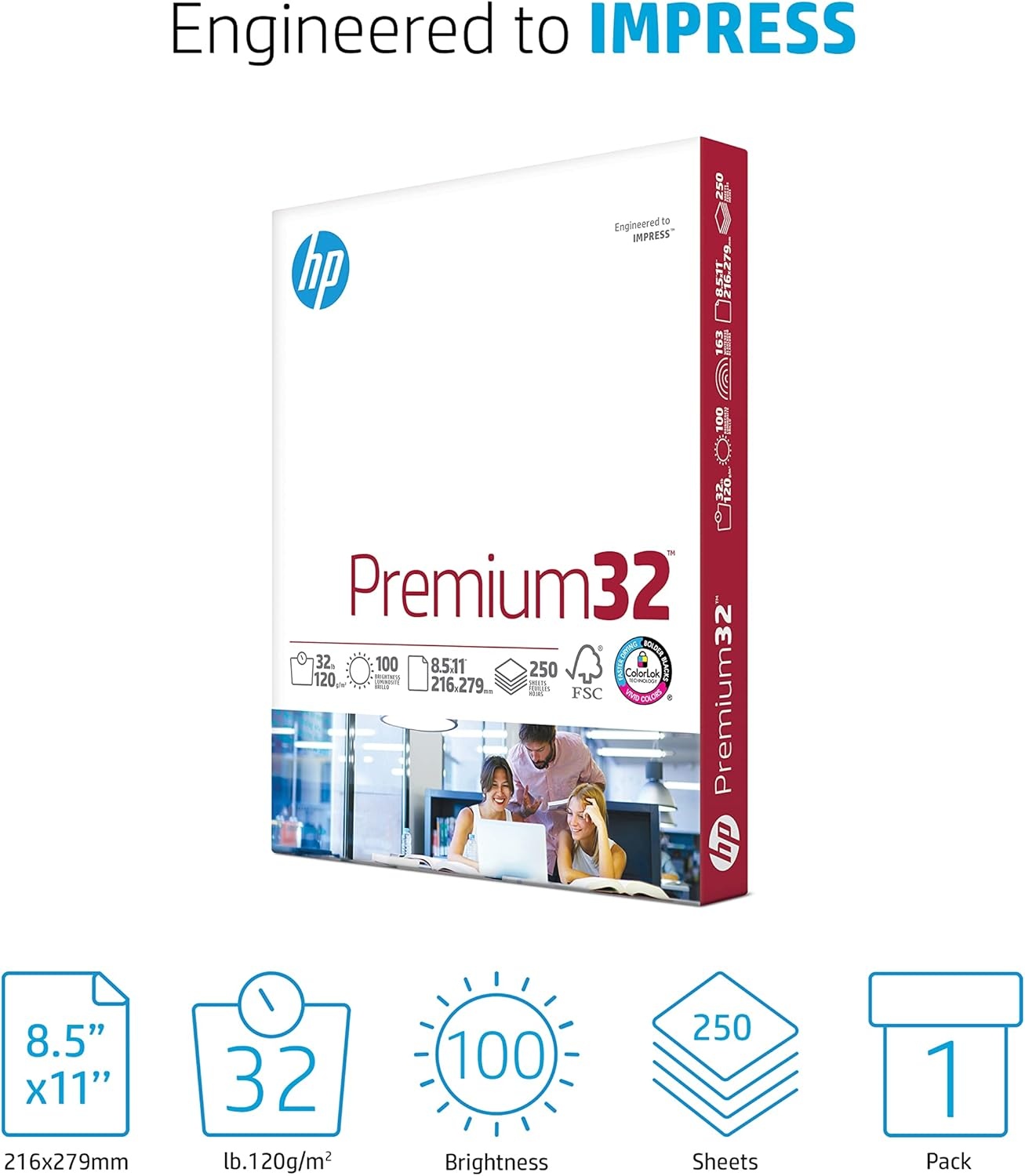 image:imageHP Printer Paper 85x11 Paper Premium 32 lb 1 Ream 250 Sheets 100 Bright Made in USA FSC Certified 113500R6 Pack 250 Sheets